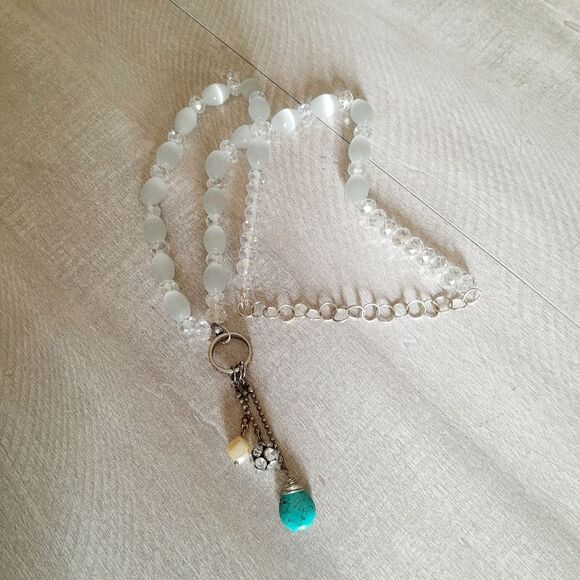 Glass Beads Handmade Statement White Necklace Turquoise Pendant - Picture 1 of 4